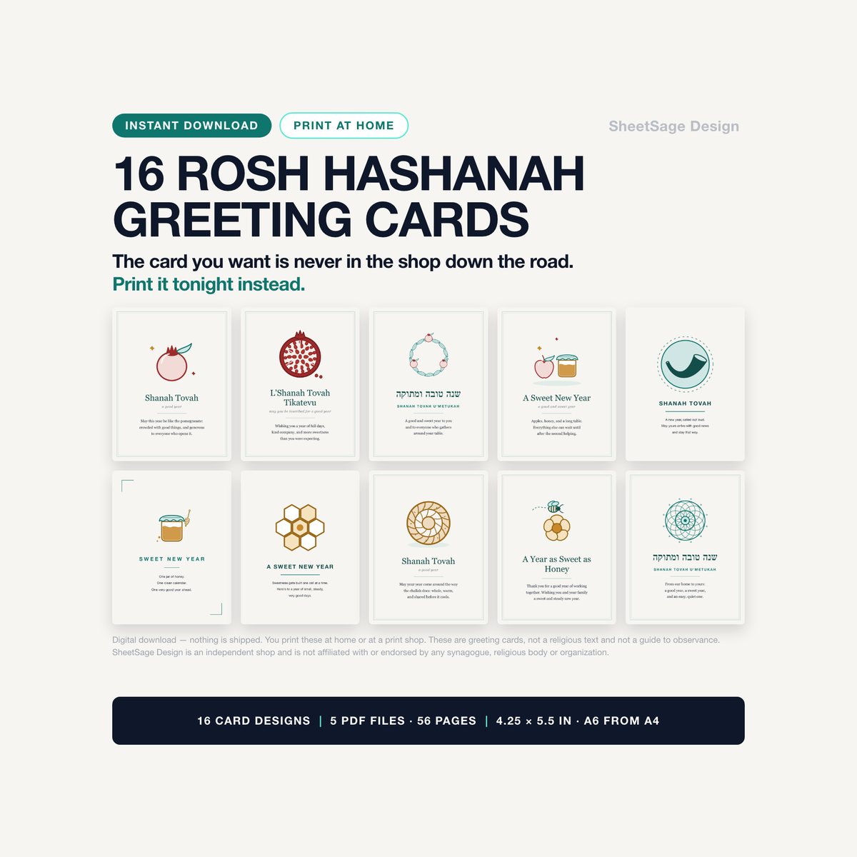 Rosh Hashanah Printable Greeting Cards — Set of 16